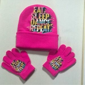 Girls pink eat sleep dance repeatknit Hat and gloves two piece set